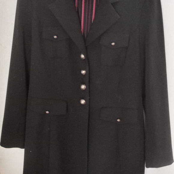 Bianca Nygard black trench coat;  silk lining, metal buttons, 3/4 length - Picture 3 of 4